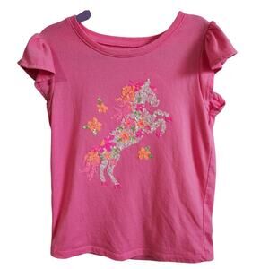 Jumping Bean Ruffle Sleeve Tee Shirt Pink Sequin Unicorn Bedazzled Kids Size 7